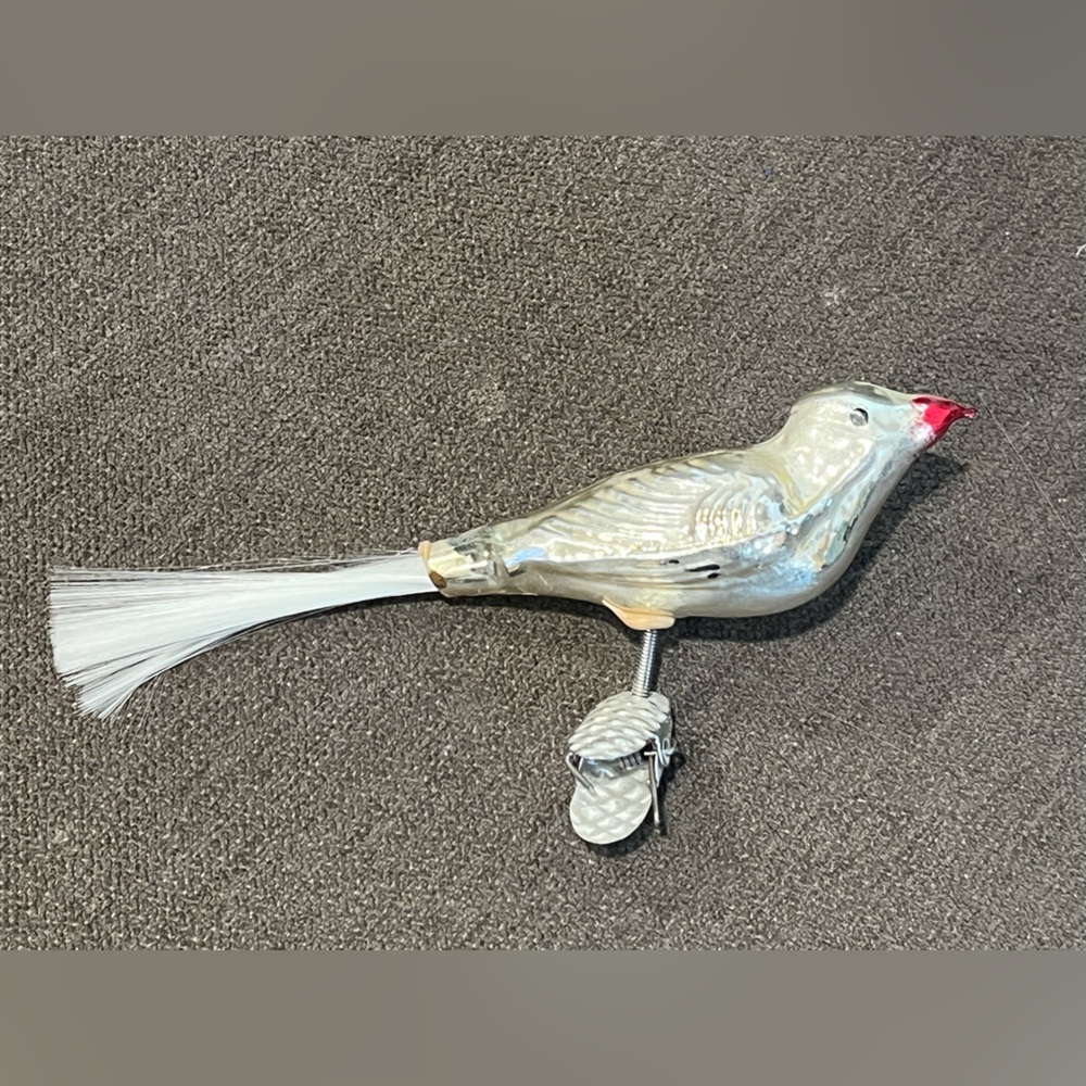 Silver and White Bird Clip Ornament. Vintage mercury glass